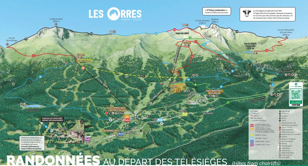 Plan itinéraires randonnées aux Orres, Alpes du sud